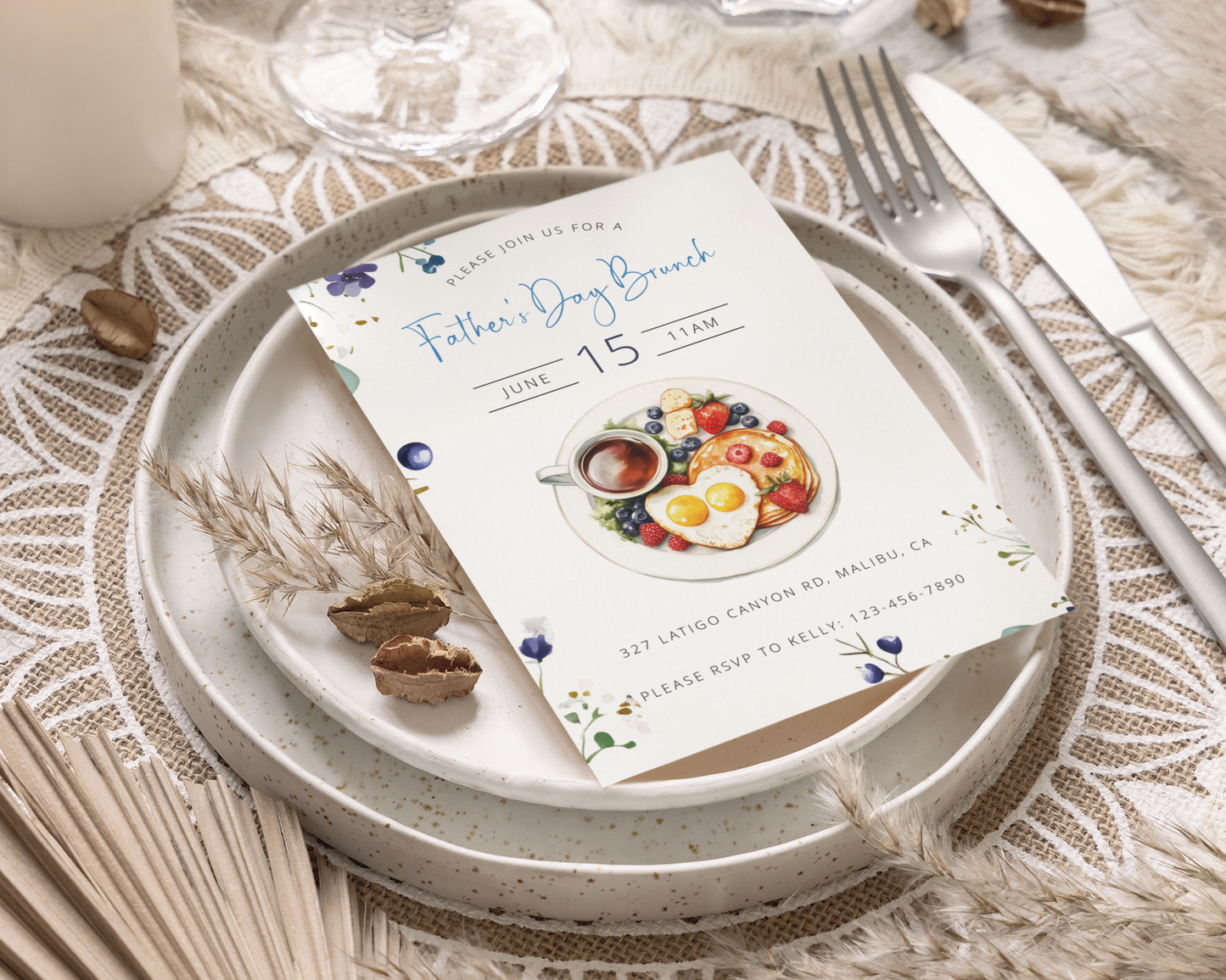 Fathers' Day Invitation, Brunch, Two-sided, Editable, Downloadable, Digital, Templett