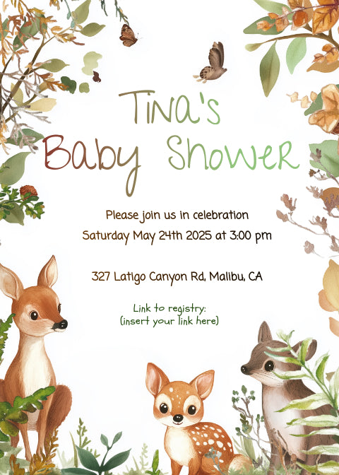 Baby Shower Invitation Forest theme, One-sided, Editable, Downloadable, Digital, Templett