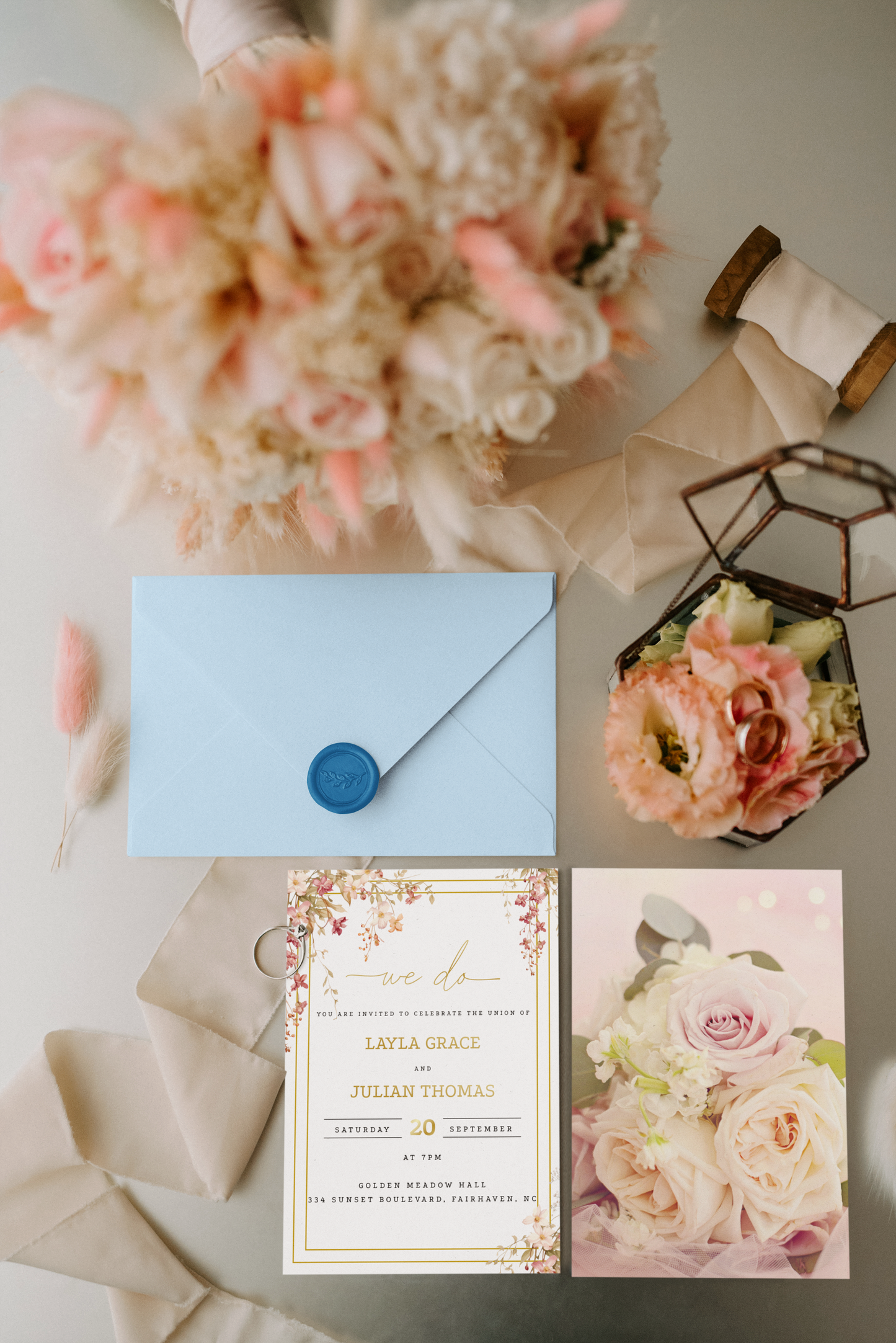Wedding Invitation, Floral and Gold, Two-sided, Editable, Downloadable, Digital, Templett