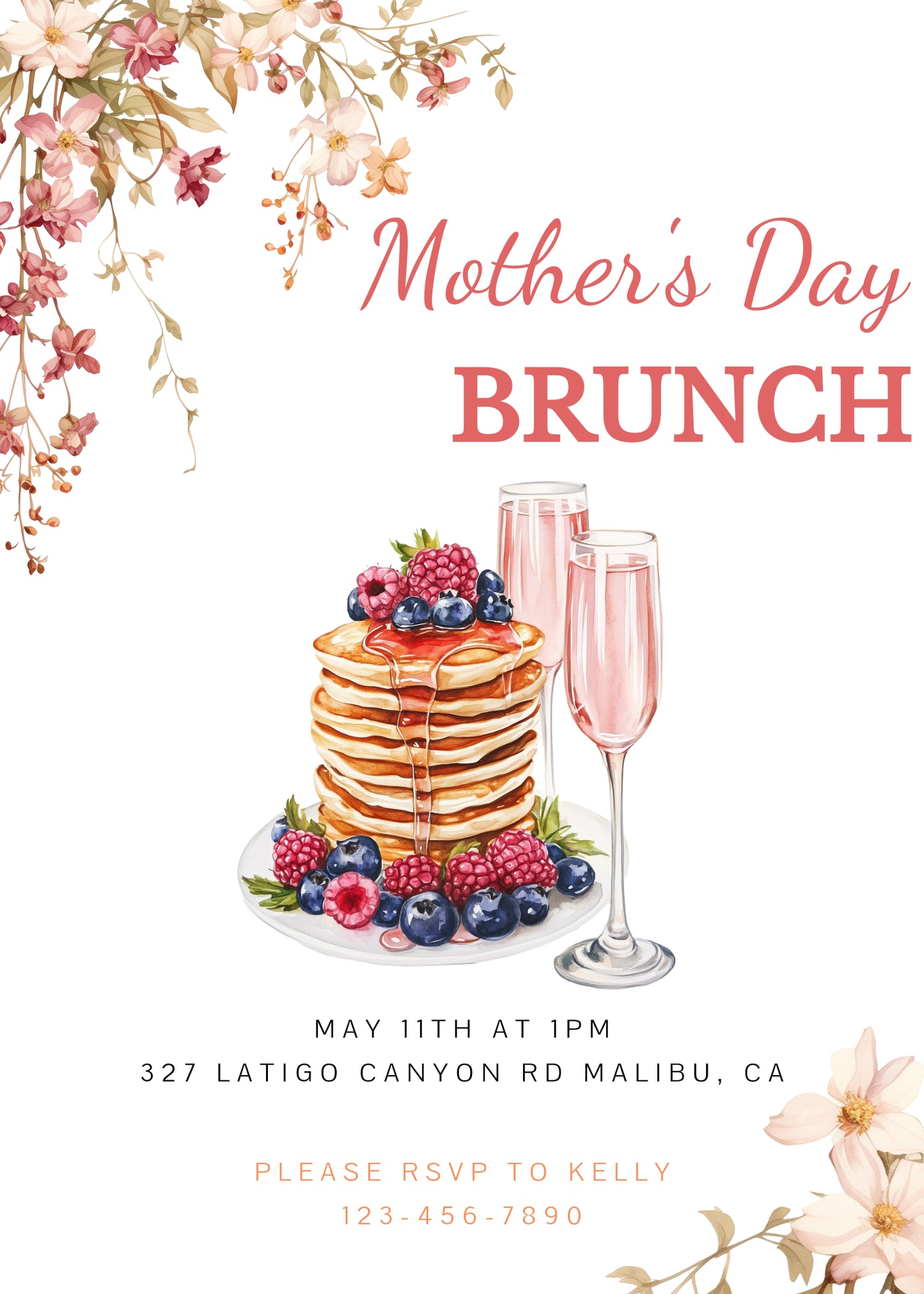 Mothers' Day Invitation, Brunch, Two-sided, Editable, Downloadable, Digital, Templett