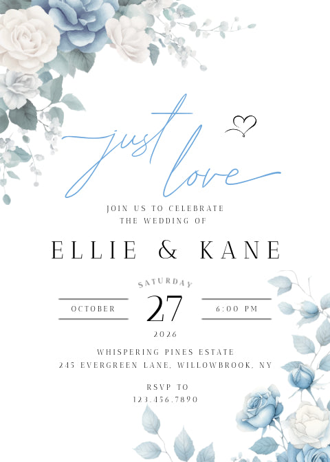Wedding Invitation, Blue Floral, One-sided, Editable, Downloadable, Digital, Templett