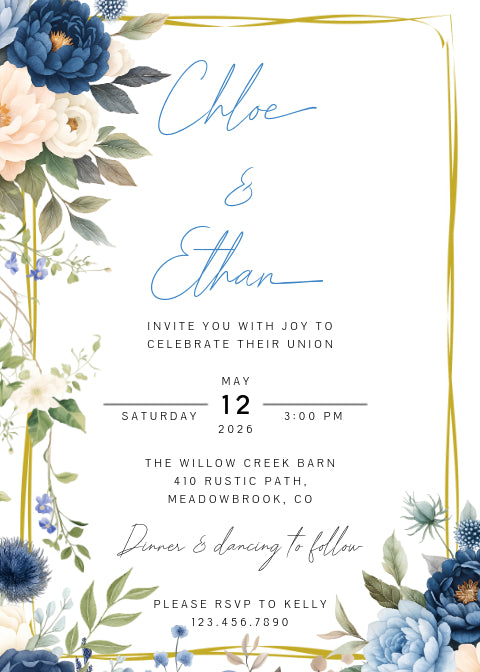 Wedding Invitation, Blue Floral, Gold, One-sided, Editable, Downloadable, Digital, Templett