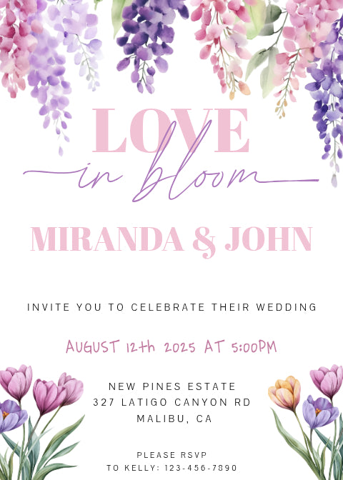 Wedding Invitation, Floral Spring/Summer, One-sided, Editable, Downloadable, Digital, Templett