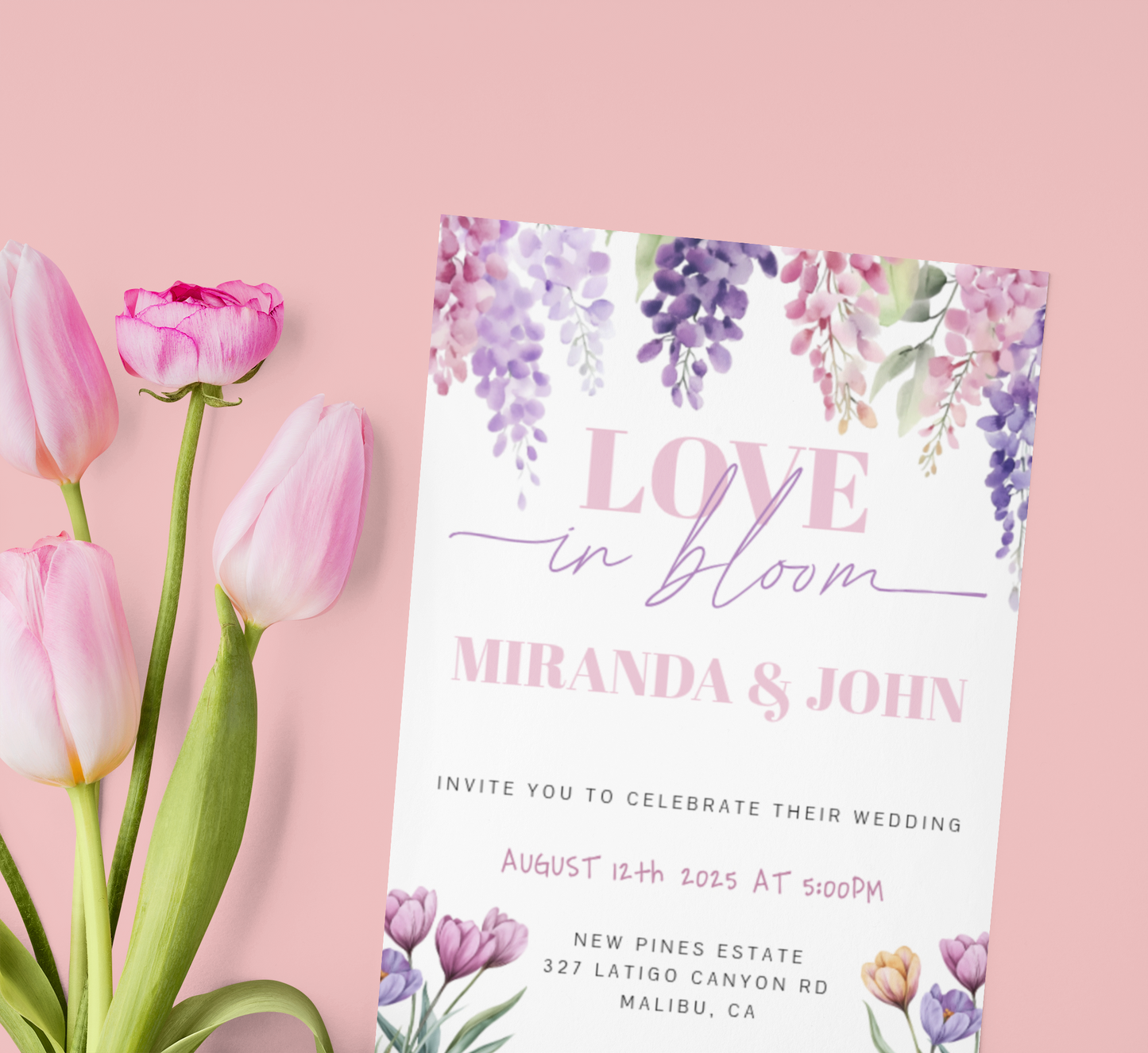 Wedding Invitation, Floral Spring/Summer, One-sided, Editable, Downloadable, Digital, Templett