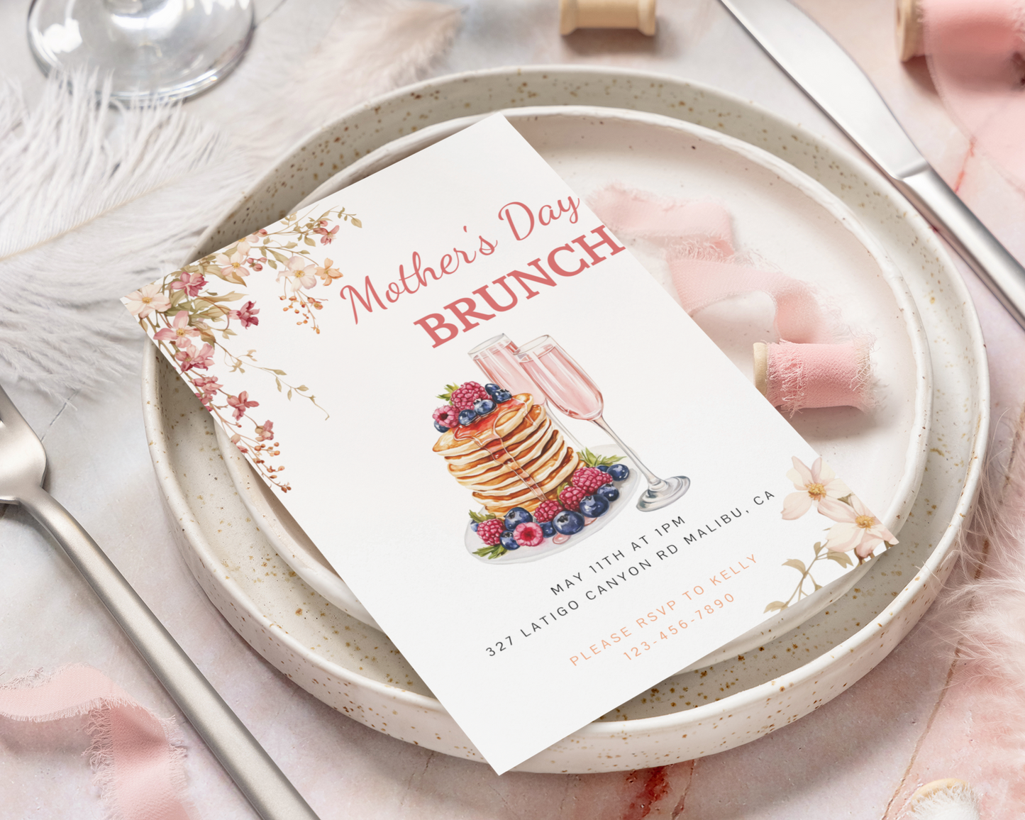Mothers' Day Invitation, Brunch, Two-sided, Editable, Downloadable, Digital, Templett