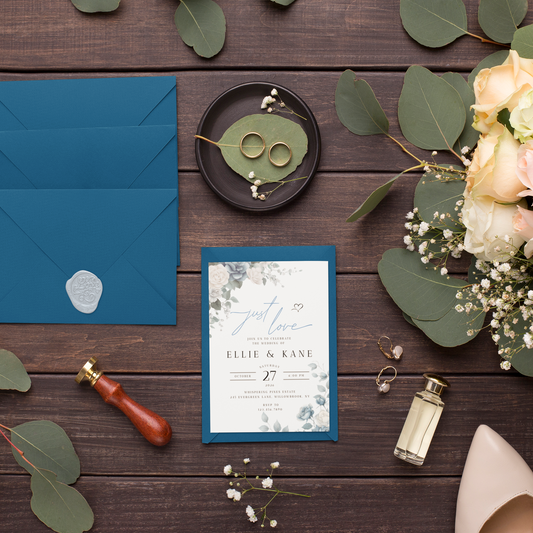 Wedding Invitation, Blue Floral, One-sided, Editable, Downloadable, Digital, Templett