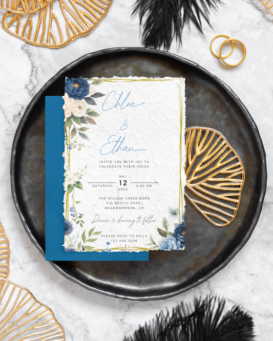 Wedding Invitation, Blue Floral, Gold, One-sided, Editable, Downloadable, Digital, Templett